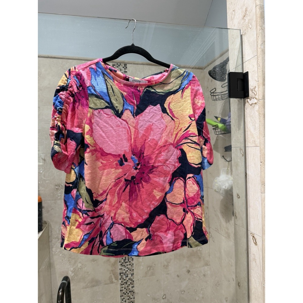 Chicos Strawberry Margarita Printed Linen T Shirt Pink Floral Ruched Sleeve M 1